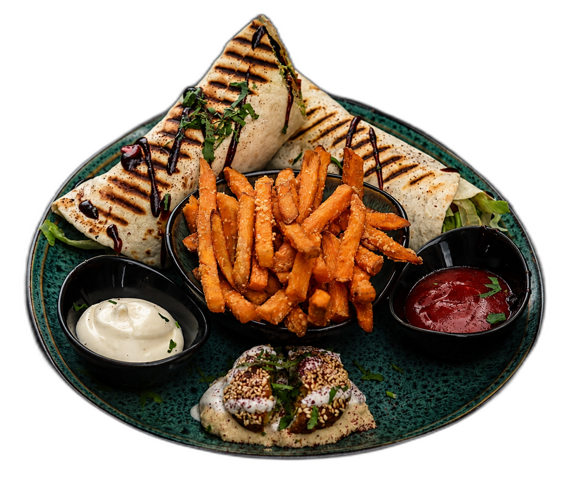 Papa Lu Wraps mit Sweet Potato Fries und Dips